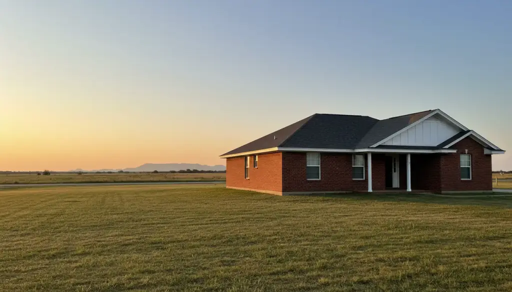 A red-brick ranch house with a new charcoal shingle roof and white trim on the open plains at dusk