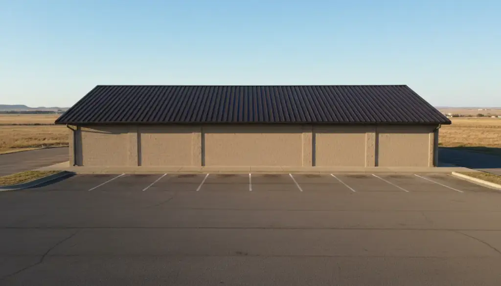 A single-storey commercial building with a dark bronze standing-seam metal roof