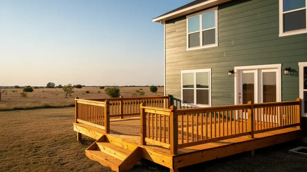 Sage-green lap siding with white trim above a freshly stained cedar deck