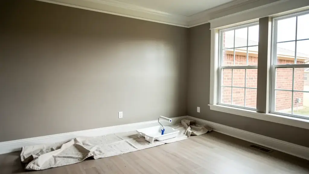 An empty living room with fresh greige walls, white crown moulding and a roller tray