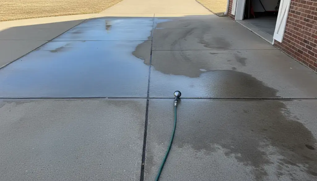 A concrete driveway half power washed, the clean side bright against the stained side