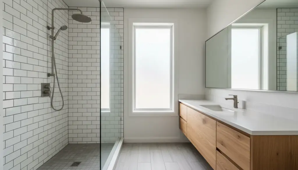 A remodeled bathroom with a subway-tile walk-in shower and a wood vanity