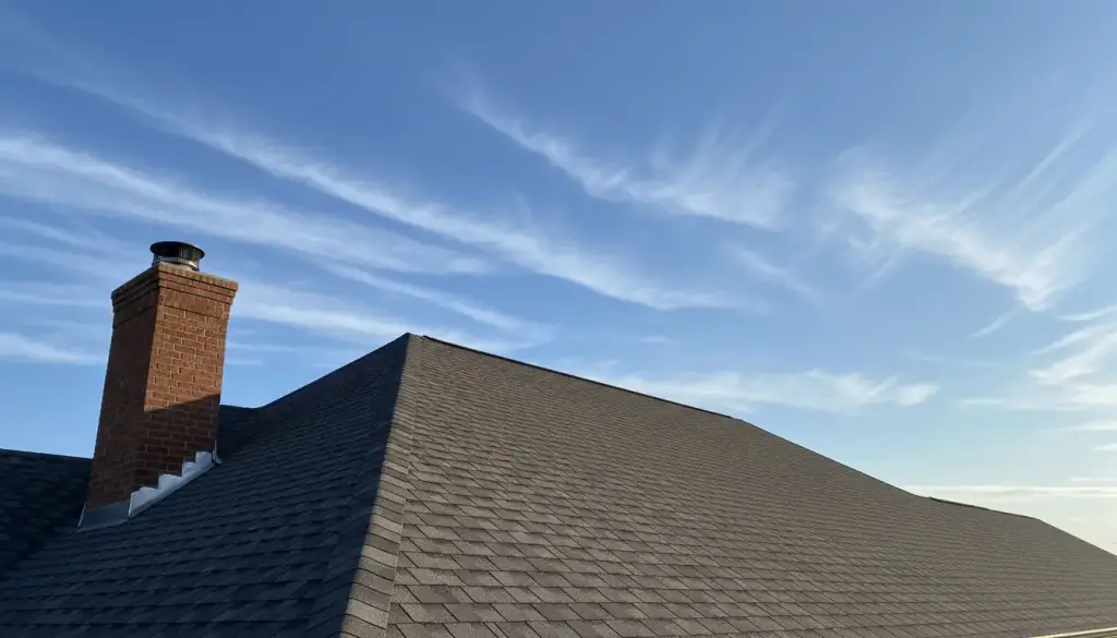 New charcoal architectural shingles along a roof ridge beside a red-brick chimney