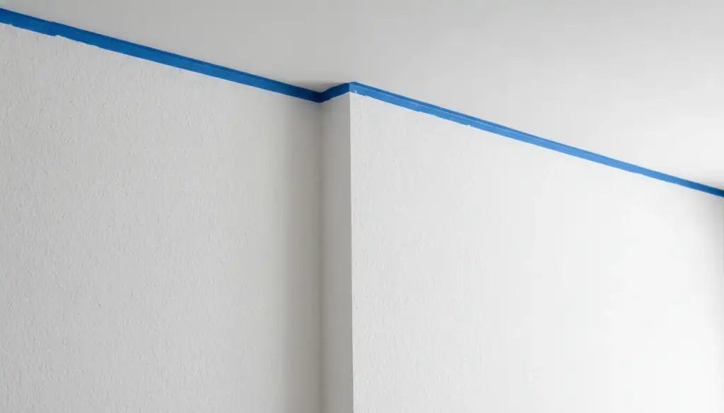 A primed wall and ceiling corner with fresh orange peel texture and a taped edge